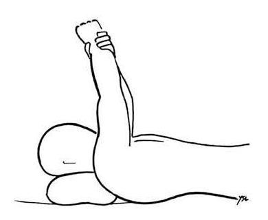 Lying on the back with the arm held straight up at 90 degrees