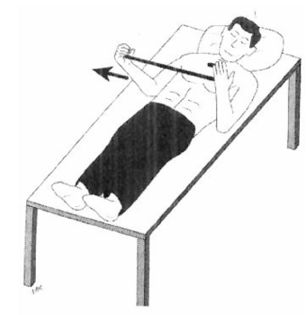 External rotation lying down, pushing the operated arm outward with a stick