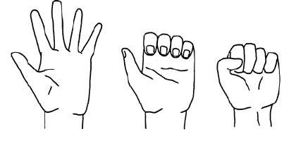 Hand pumping: fingers straightened out, then curled, then closed into a fist