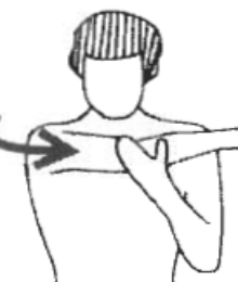 Posterior capsular stretch: the operated arm pulled across the chest by the other hand