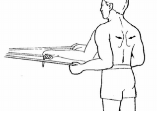 Theraband extension and shoulder blade squeeze: pulling backwards with the elbow by the side and squeezing the shoulder blades together