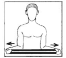 Theraband external rotation: band around both wrists, elbows at the sides, arms rotating outwards