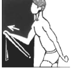 Theraband forward elevation: band anchored behind, elbow bent, pushing forwards and upwards