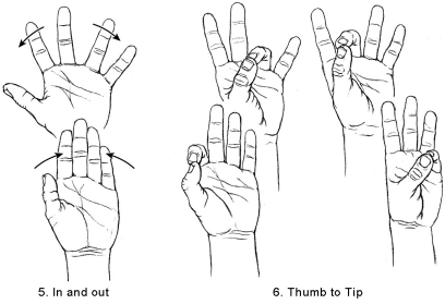 Finger exercises 5 and 6: spreading the fingers in and out, and touching the thumb to each fingertip