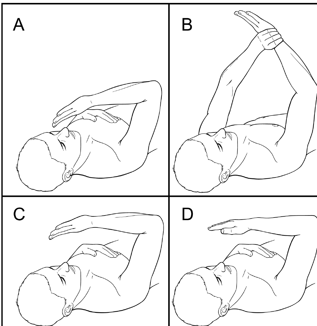 Supine elbow range of motion in four positions (A to D), the other hand assisting the elbow to bend and straighten overhead