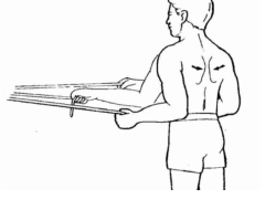 Theraband extension and shoulder blade squeeze: pulling backwards with the elbow by the side and squeezing the shoulder blades together