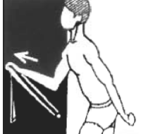 Theraband forward elevation: band anchored behind, elbow bent, pushing forwards and upwards