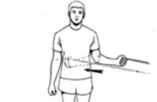 Theraband internal rotation: band anchored to the side, pulling across the chest with the elbow tucked in
