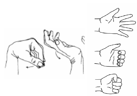 Hand and wrist exercises: bending the wrist back and forth, and opening and closing the hand into a fist